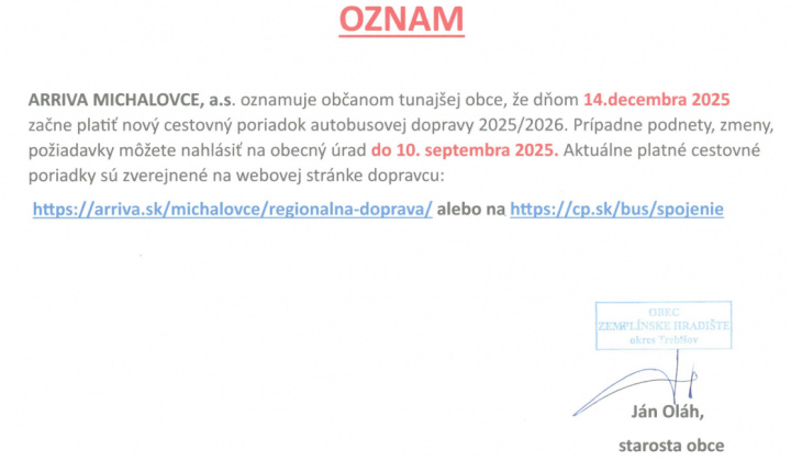 Fotka - Oznam Arriva Michalovce